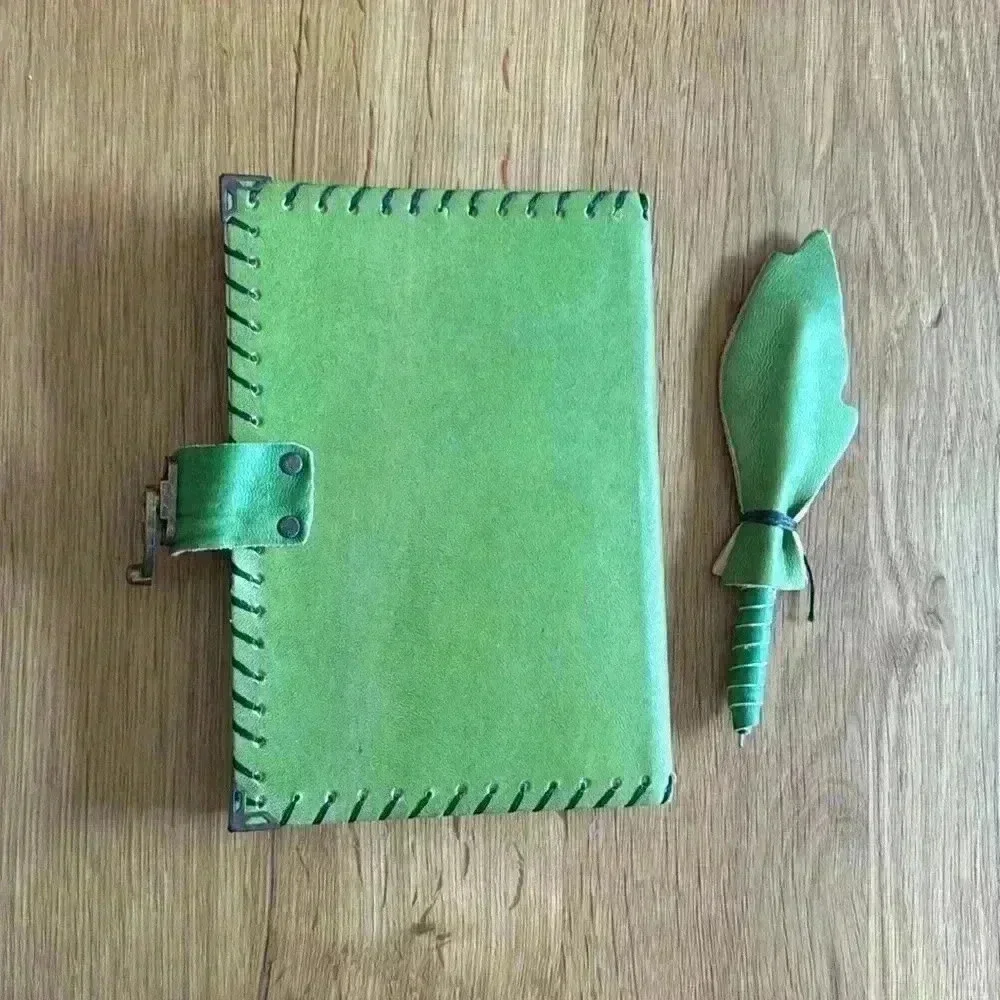 Handmade Green Leather Libra Sketchbook w/ Leather wrapped Pen